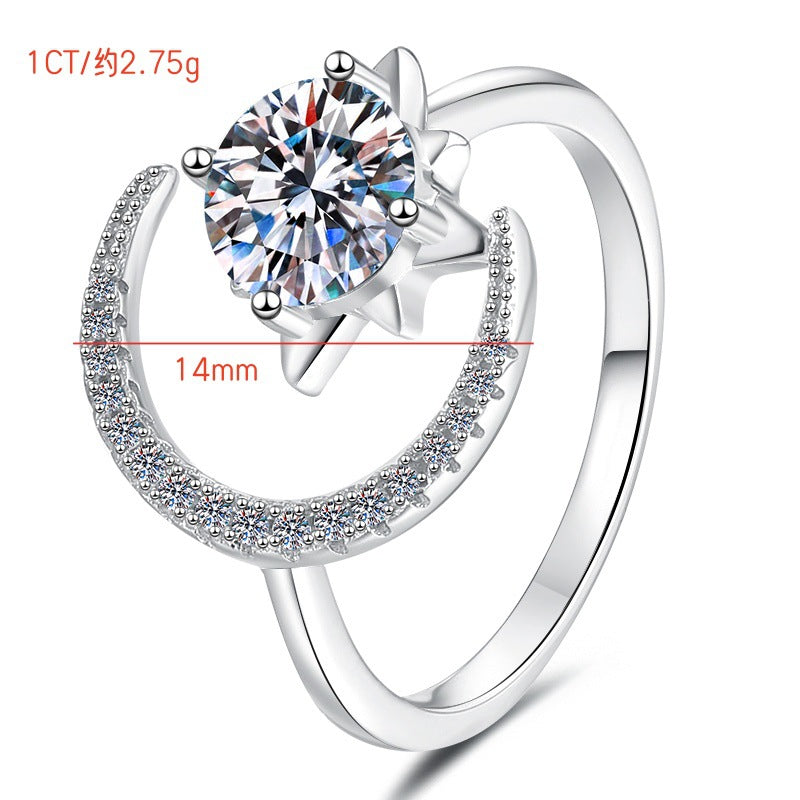 Adjustable sterling silver moon ring with 1ct round moissanite star cente