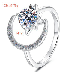 Adjustable sterling silver moon ring with 1ct round moissanite star cente
