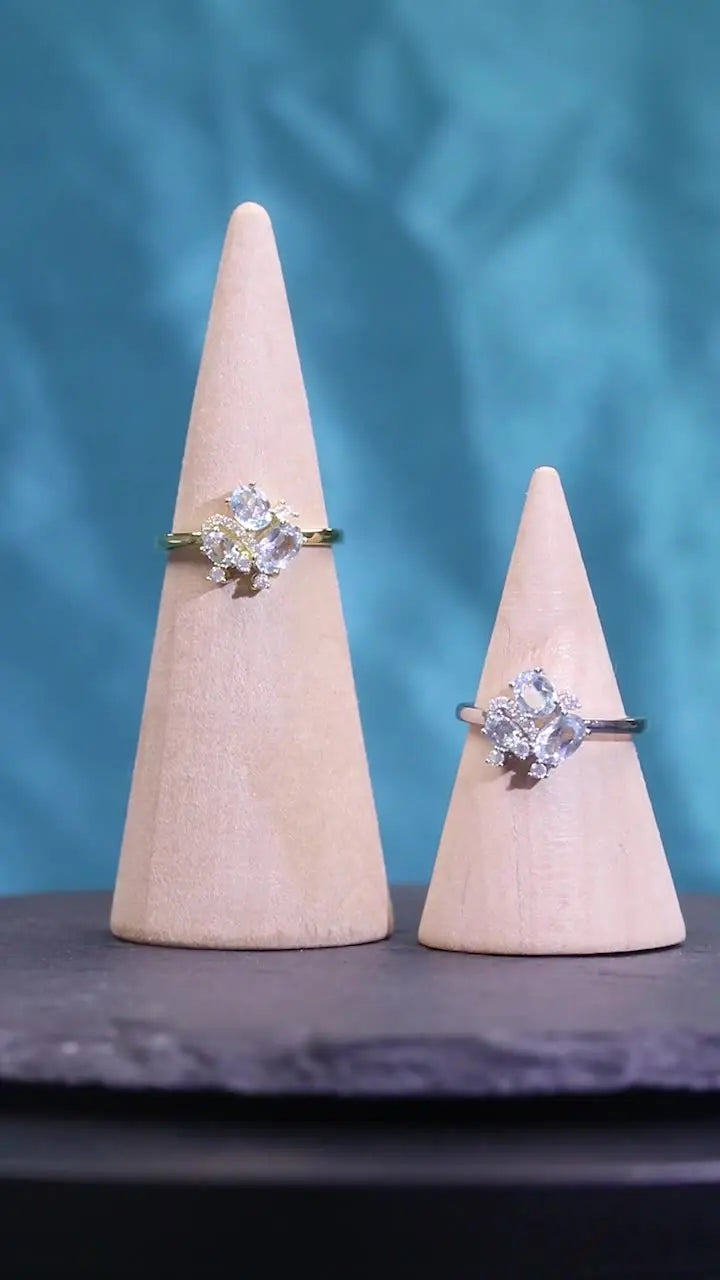 18K Gold Natural Blue Topaz Ring �Dainty Gemstone Cluster Ring (9K/10K/14K/18K Options) Pearl Unique