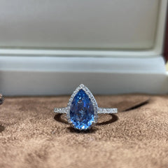 ab-Created Blue Sapphire Teardrop Halo Ring �Pear Cut Simulated Gemstone Engagement Ring in Sterling Silver Pearl Unique