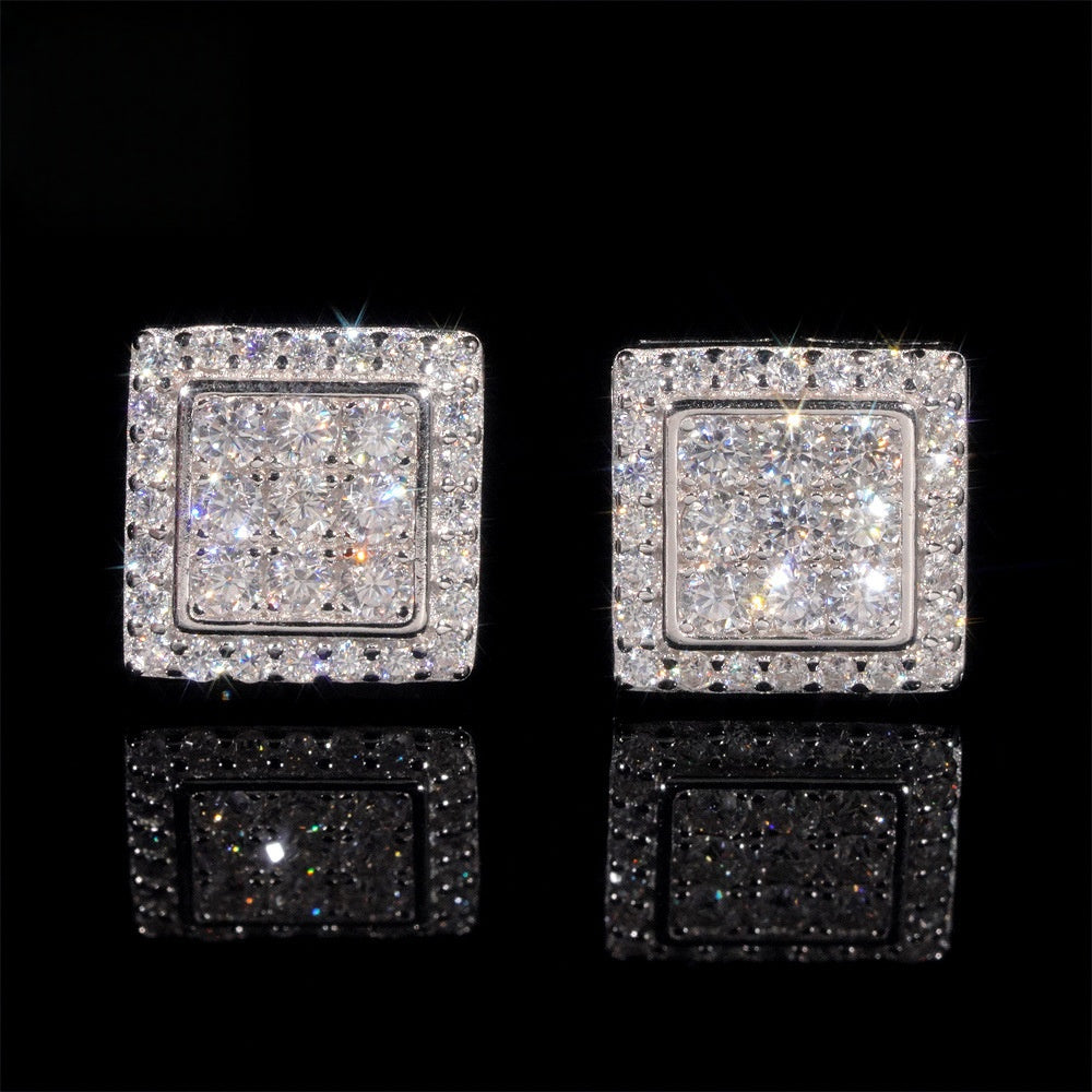 Square Moissanite S925 Silver Unisex Stud Earrings on black background