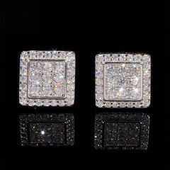 Square Moissanite S925 Silver Unisex Stud Earrings on black background