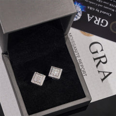 Square Moissanite S925 Silver Unisex Stud Earrings on black background