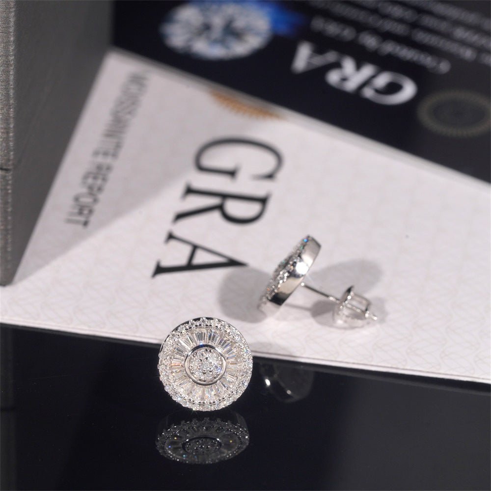 Solitude Round 12mm S925 Silver Moissanite Stud Earrings with halo baguette design