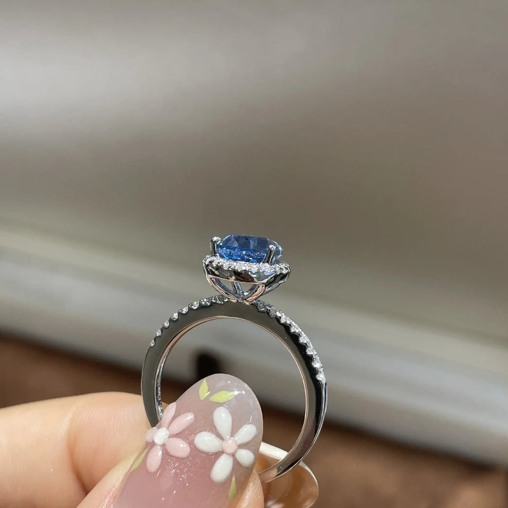 ab-Created Blue Sapphire Teardrop Halo Ring �Pear Cut Simulated Gemstone Engagement Ring in Sterling Silver Pearl Unique