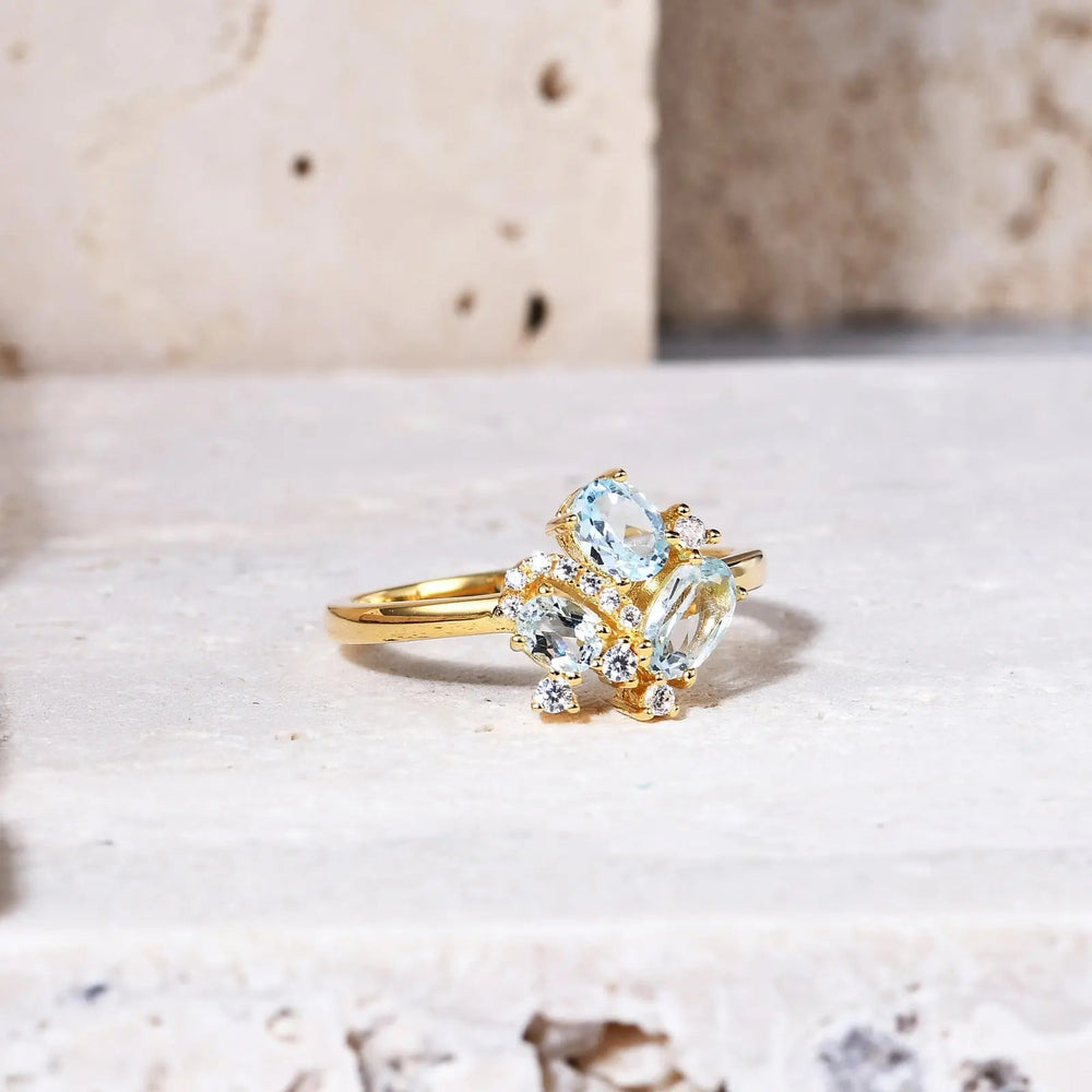 18K Gold Natural Blue Topaz Ring �Dainty Gemstone Cluster Ring (9K/10K/14K/18K Options) Pearl Unique