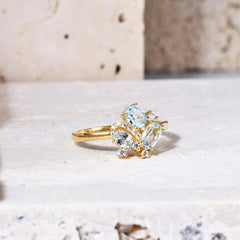 18K Gold Natural Blue Topaz Ring �Dainty Gemstone Cluster Ring (9K/10K/14K/18K Options) Pearl Unique