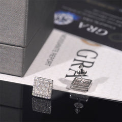 Square Moissanite S925 Silver Unisex Stud Earrings on black background