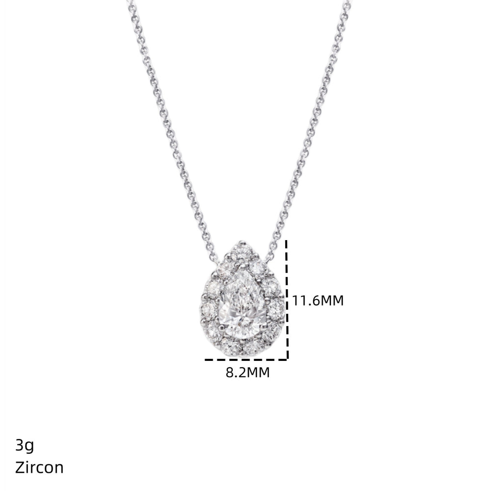 Close-up of Prologue pear-cut Moissanite pendant necklace in sterling silver.