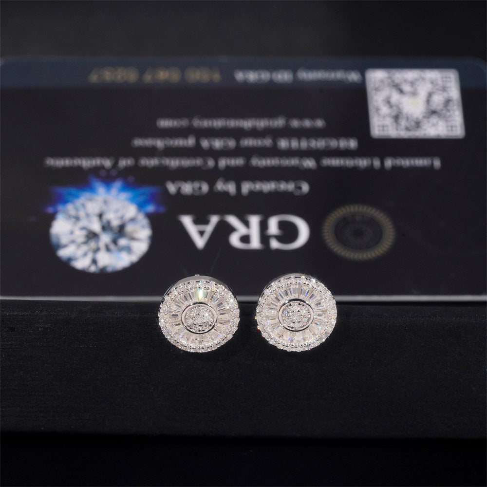 Solitude Round 12mm S925 Silver Moissanite Stud Earrings with halo baguette design
