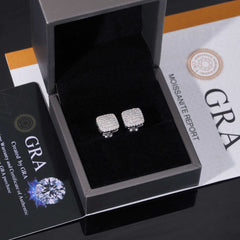 Solitude Cushion Moissanite S925 Silver Stud Earrings with triple-row pavé setting, unisex design