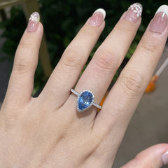 ab-Created Blue Sapphire Teardrop Halo Ring �Pear Cut Simulated Gemstone Engagement Ring in Sterling Silver Pearl Unique