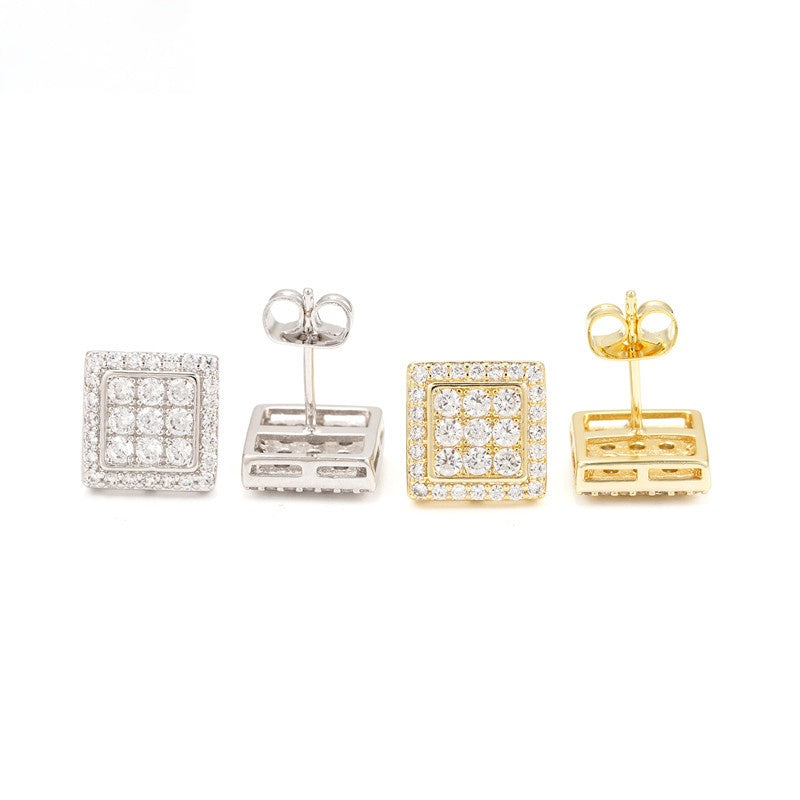 Square Moissanite S925 Silver Unisex Stud Earrings on black background