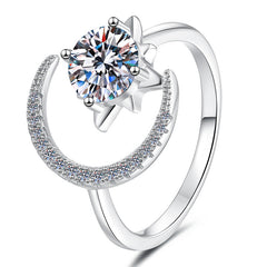 Close-up of Lunar Gala Moon & Star Moissanite Ring in sterling silver