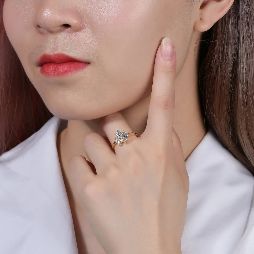 18K Gold Natural Blue Topaz Ring �Dainty Gemstone Cluster Ring (9K/10K/14K/18K Options) Pearl Unique