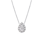 Close-up of Prologue pear-cut Moissanite pendant necklace in sterling silver.
