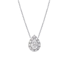 Close-up of Prologue pear-cut Moissanite pendant necklace in sterling silver.