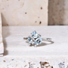 18K Gold Natural Blue Topaz Ring �Dainty Gemstone Cluster Ring (9K/10K/14K/18K Options) Pearl Unique