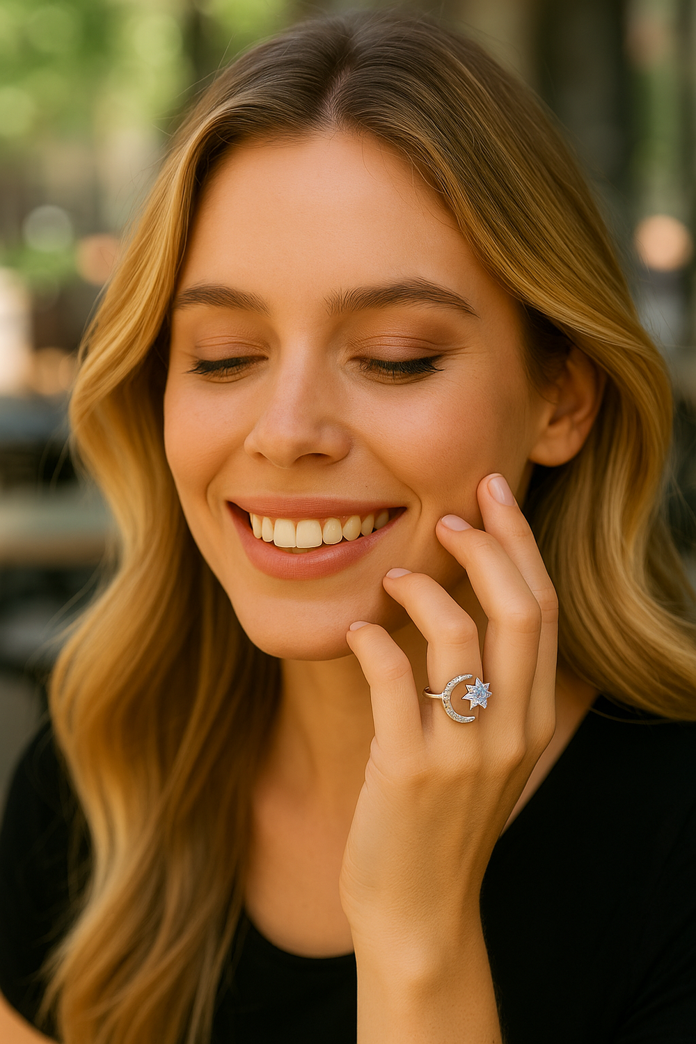 White woman model wearing Lunar Gala 1ct Moissanite Moon & Star Ring, smiling in natural light