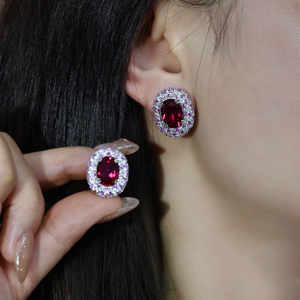 Ruby Halo Earrings with Matching Ring in Sterling Silver