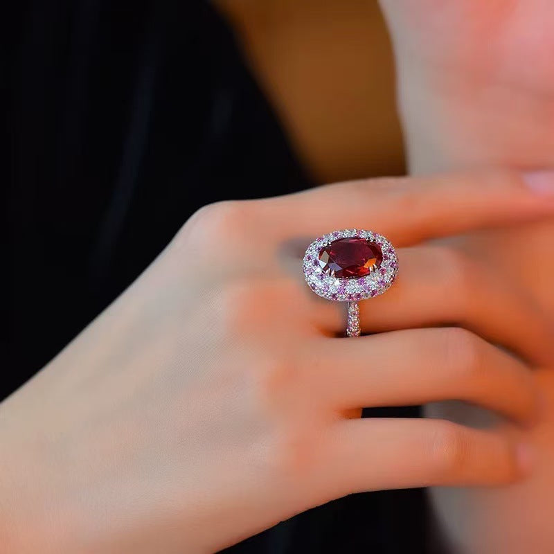 Gala Celestial Elegance 7.65ct Oval Ruby Halo Set in S925 Sterling Silver