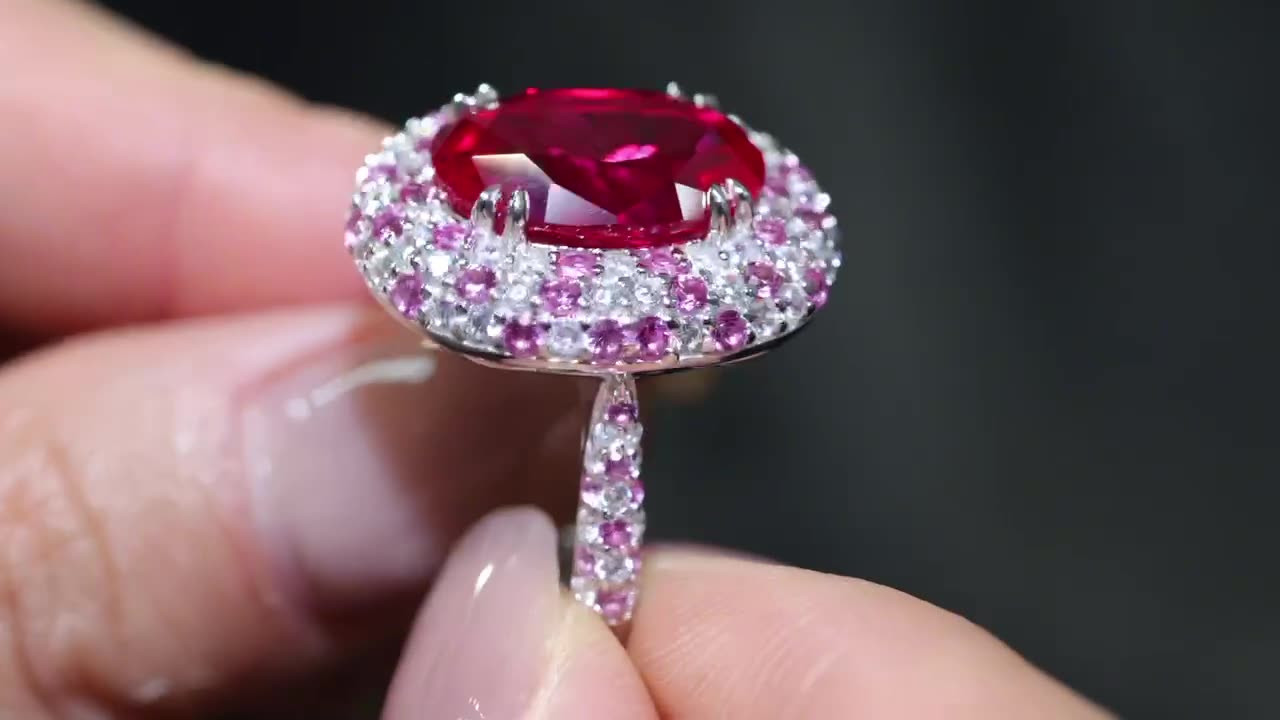 Gala Celestial Elegance 7.65ct Oval Ruby Halo Set in S925 Sterling Silver