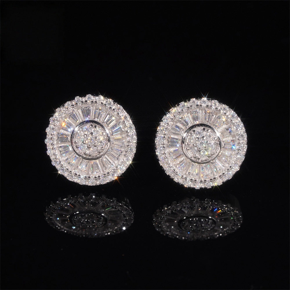 Solitude Round 12mm S925 Silver Moissanite Stud Earrings with halo baguette design