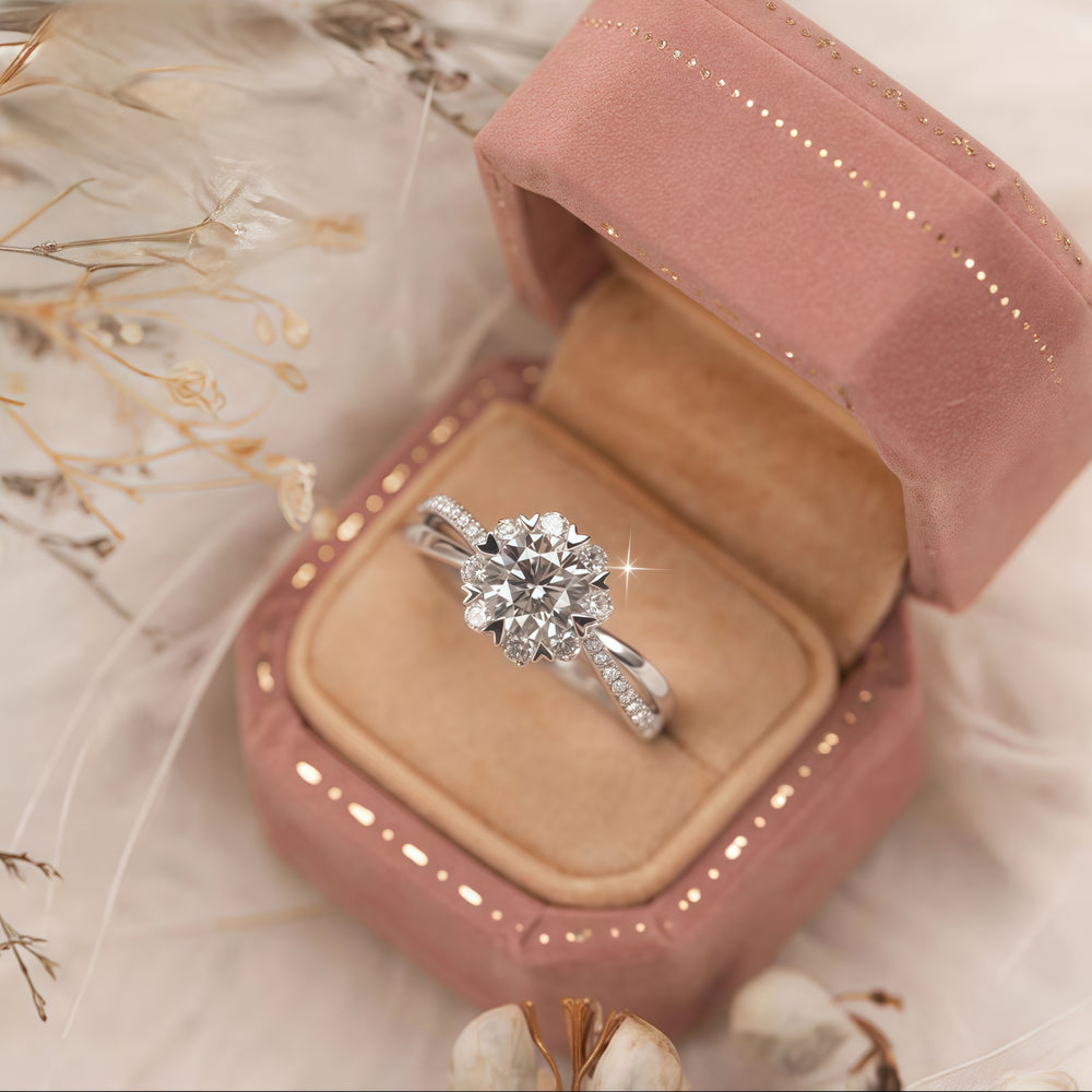 Crown halo moissanite ring with pavé band for women