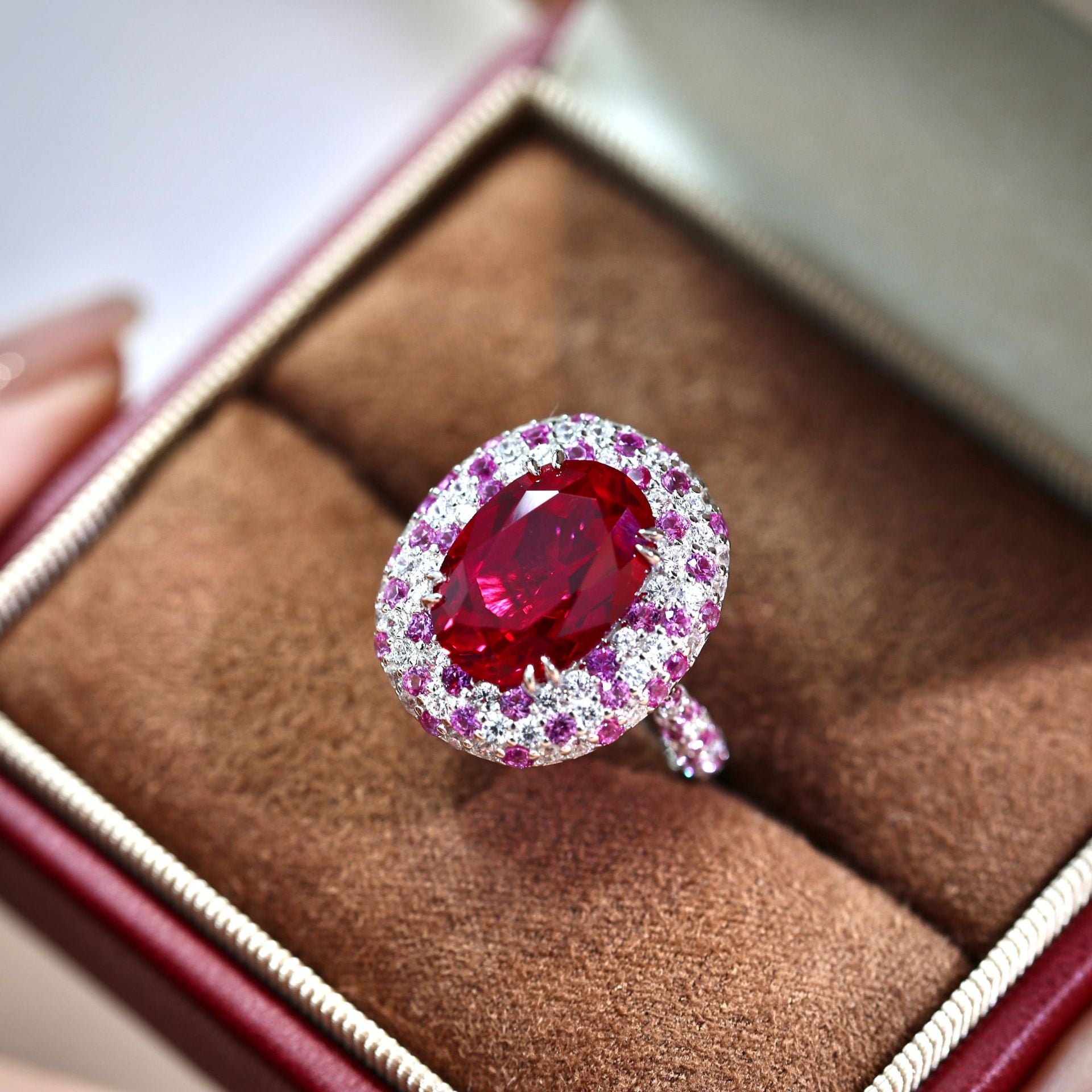 Gala Celestial Elegance 7.65ct Oval Ruby Halo Set in S925 Sterling Silver