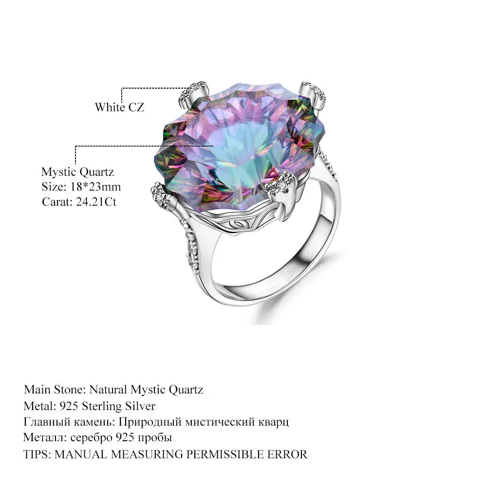 Natural Mystic Quartz Statement Ring â€?24 Carat Rainbow Quartz in 925 Sterling Silver Pearl Unique