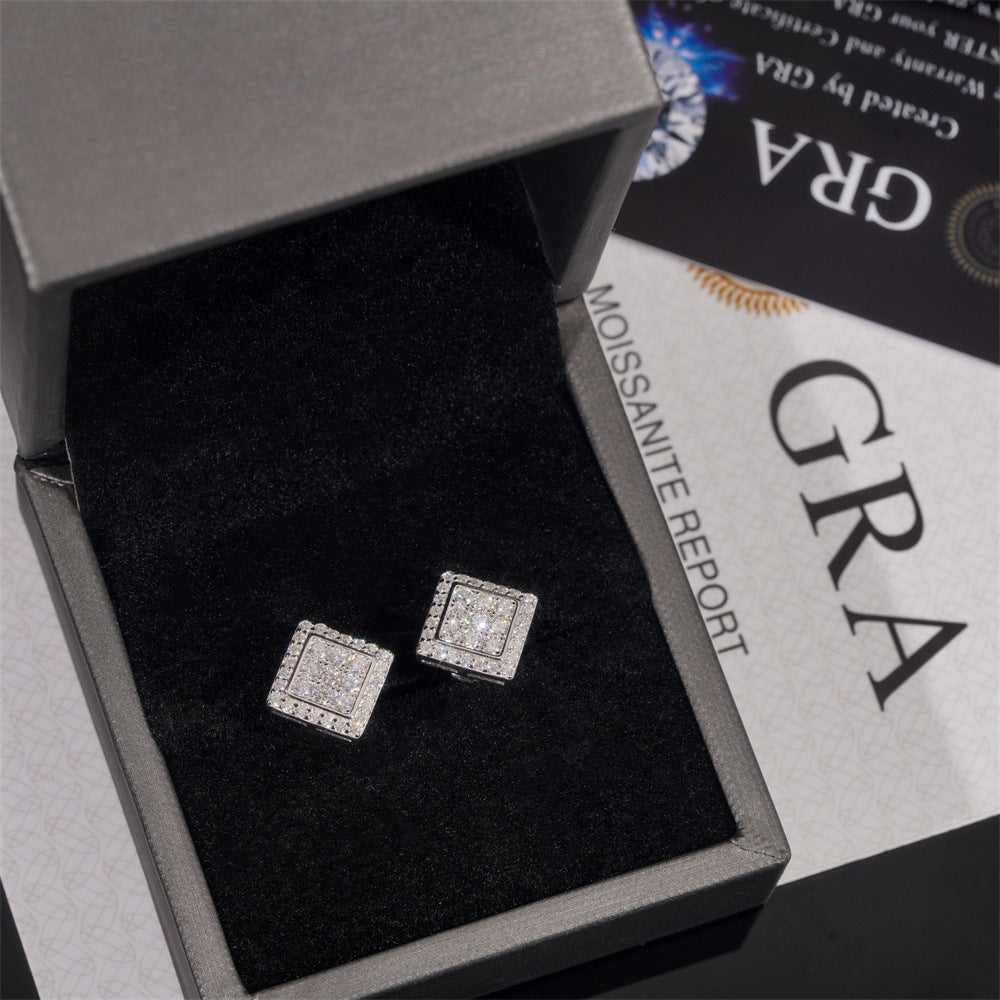 Square Moissanite S925 Silver Unisex Stud Earrings on black background