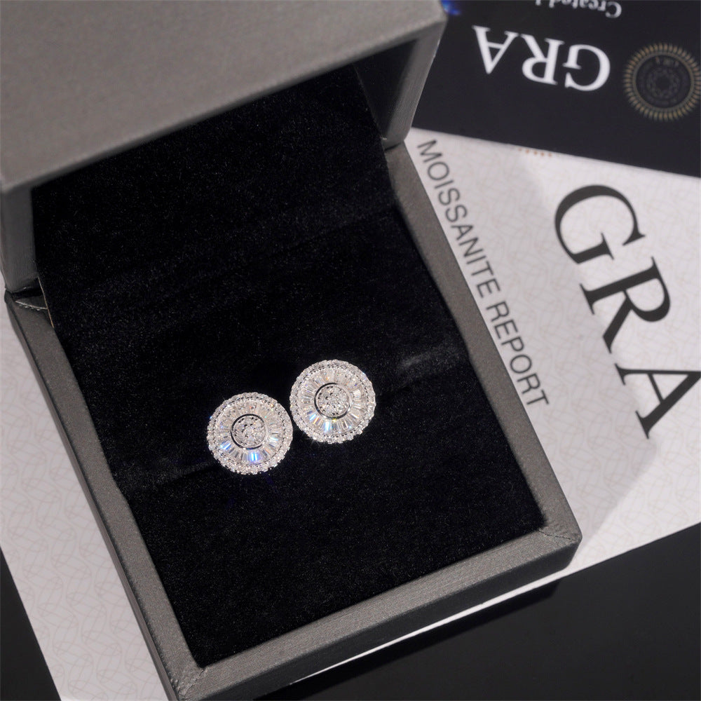 Solitude Round 12mm S925 Silver Moissanite Stud Earrings with halo baguette design