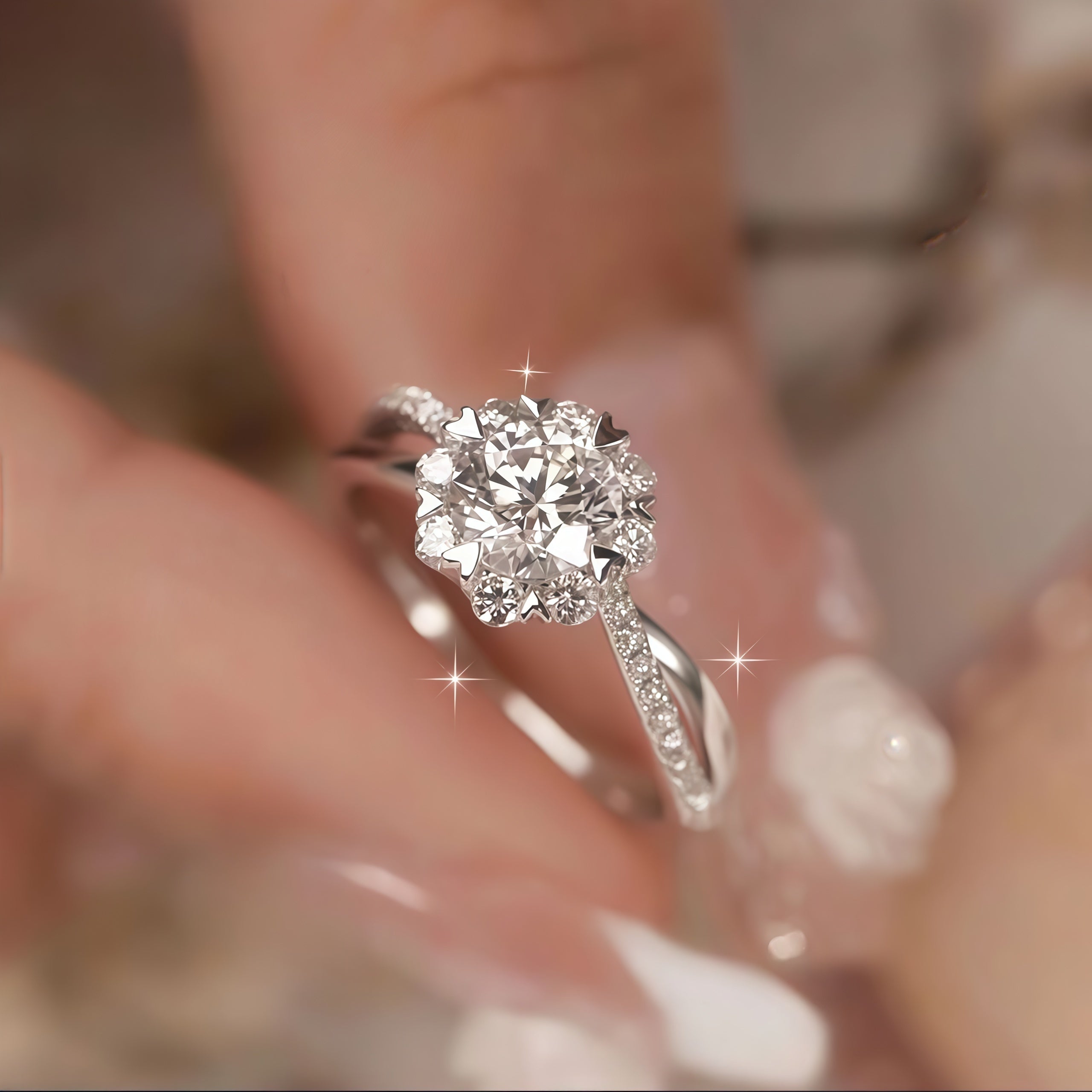 Crown halo moissanite ring with pavé band for women