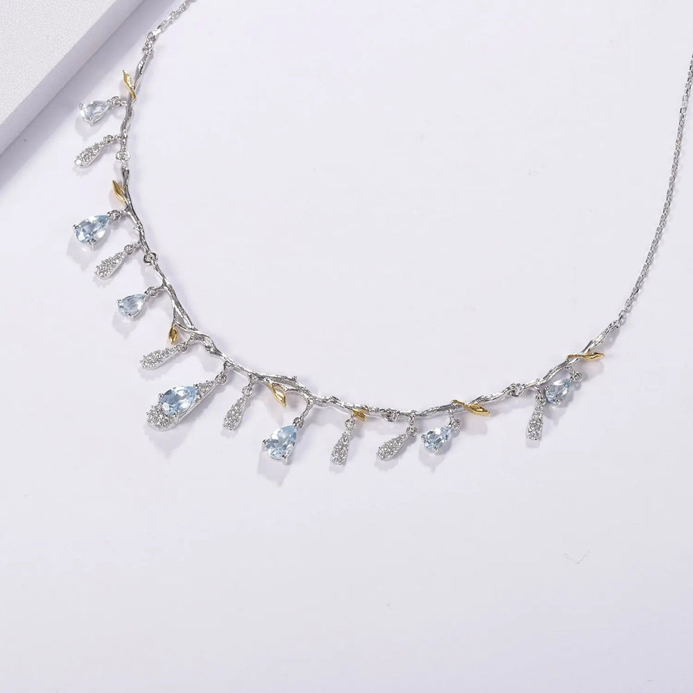 Natural Sky Blue Topaz & CZ Drop Necklace â€?Sterling Silver with Gold Accents Pearl Unique