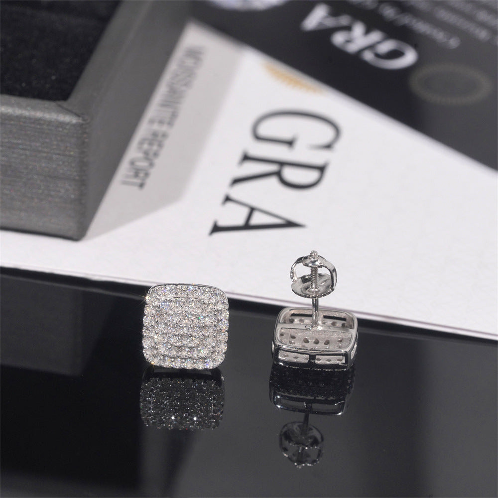 Solitude Cushion Moissanite S925 Silver Stud Earrings with triple-row pavé setting, unisex design