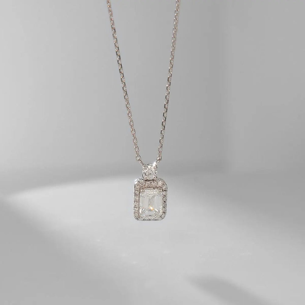 White-gold emerald-cut halo lab-grown diamond pendant on fine cable chain
