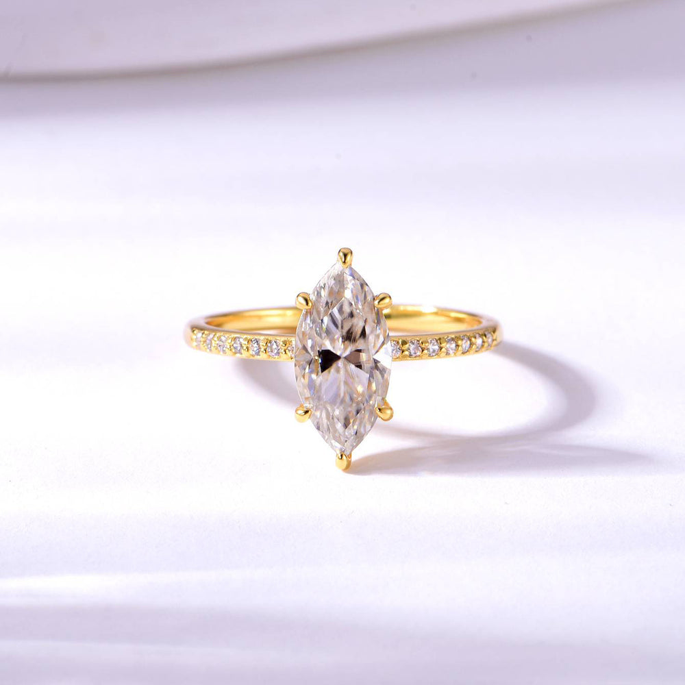 Top view—marquise moissanite engagement ring, minimalist prongs