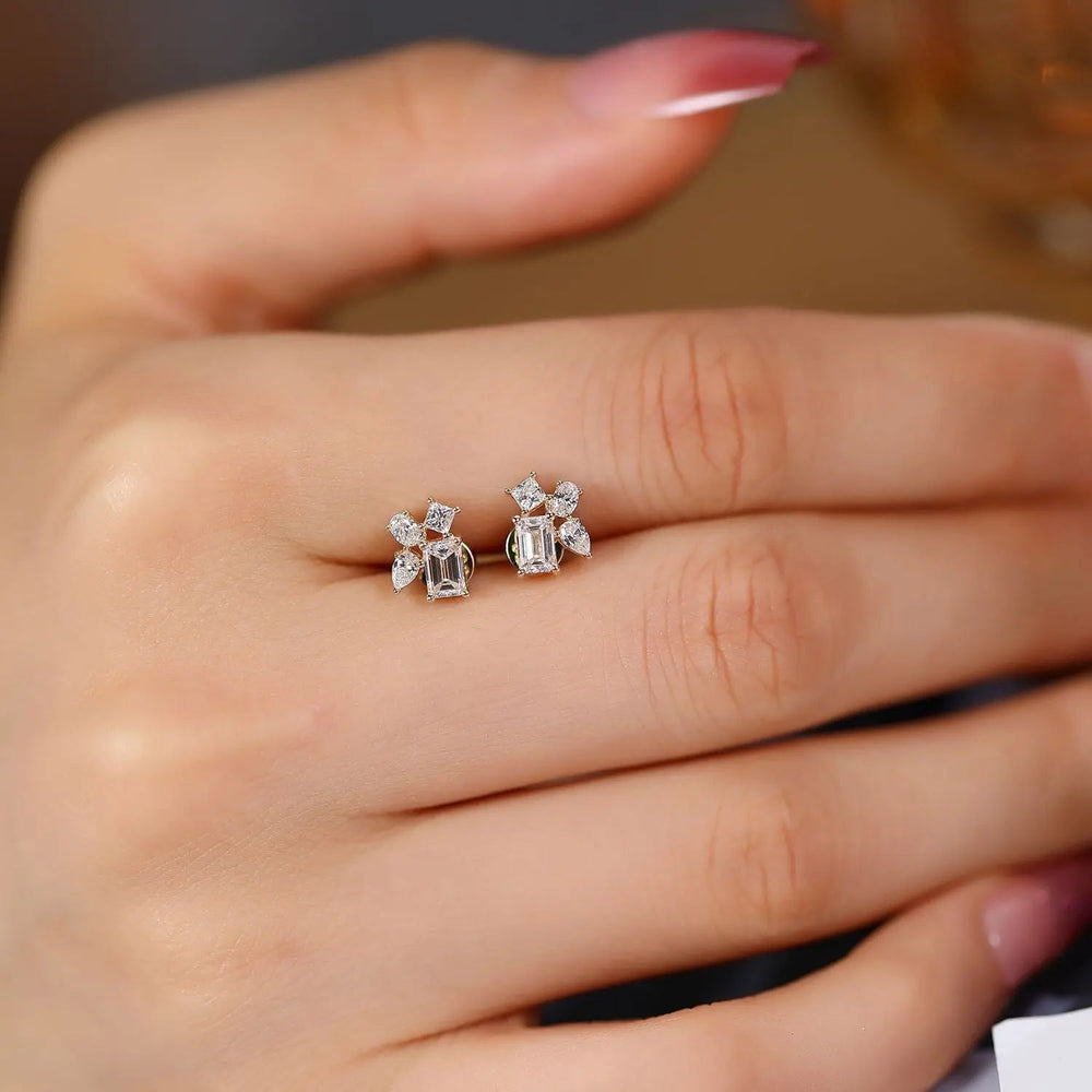 14K Gold Lab-Grown Diamond Geometric Stud Earrings â€?Mixed Shape Diamond Earrings Pearl Unique