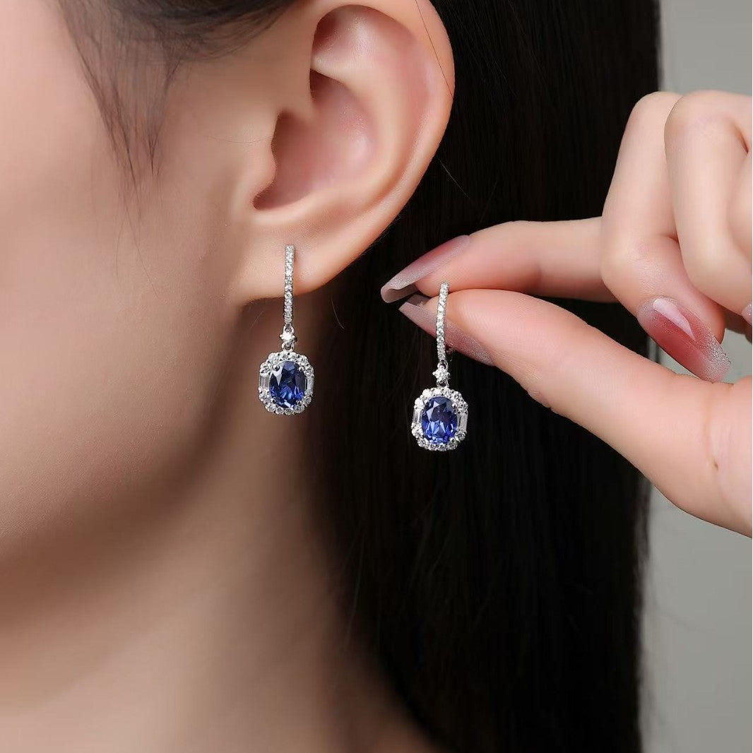 Elegant Cushion-Cut Blue Sapphire Earrings with Halo Design