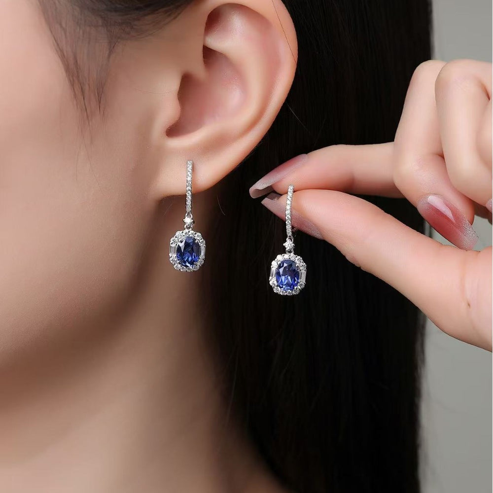 Elegant Cushion-Cut Blue Sapphire Earrings with Halo Design