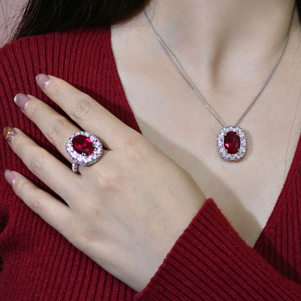 Elegant Ruby Pendant Necklace with Diamond Halo on Model