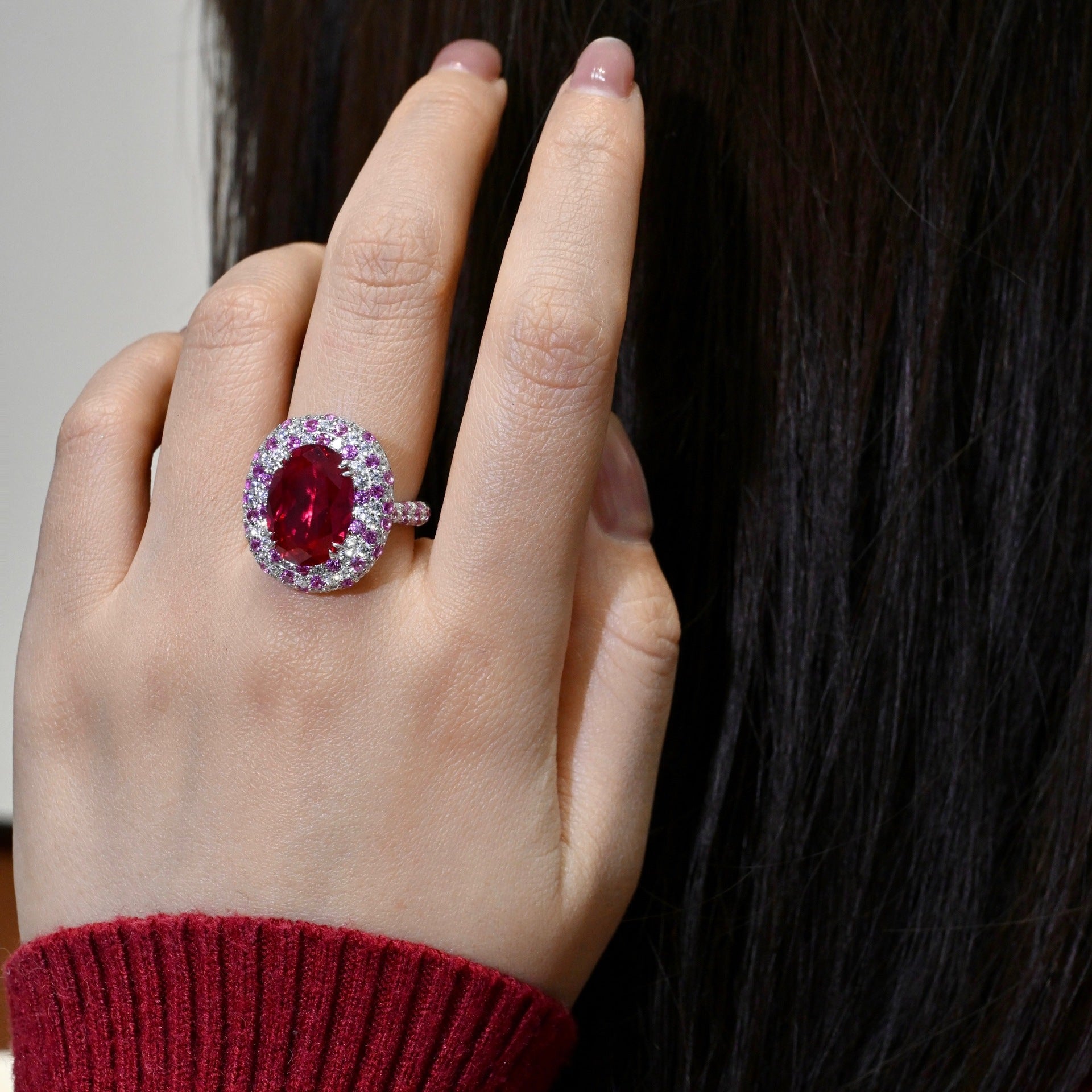 Gala Celestial Elegance 7.65ct Oval Ruby Halo Set in S925 Sterling Silver
