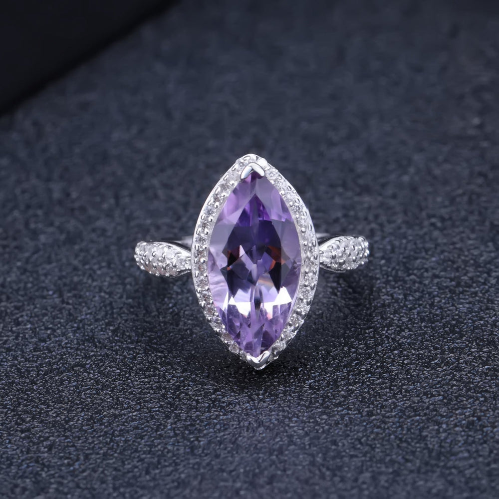 Close-up of marquise amethyst (8×16 mm) with CZ halo — Verse & Hue Jewelry