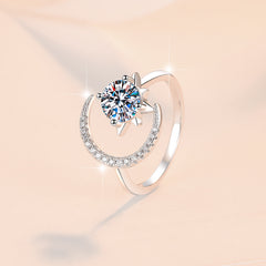 Adjustable sterling silver moon ring with 1ct round moissanite star cente