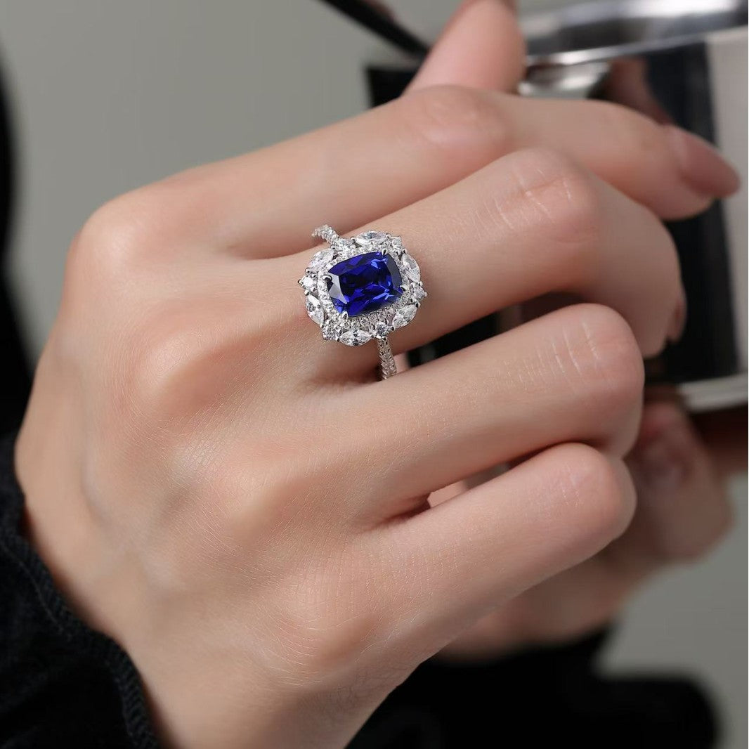 Statement Blue Sapphire Ring in Sterling Silver with White Stones