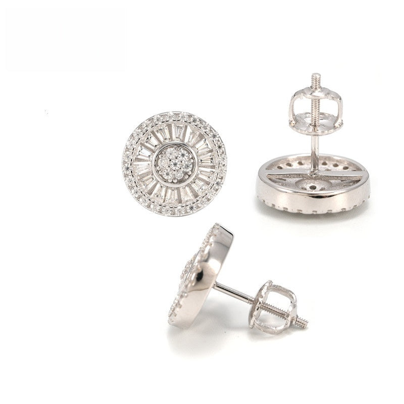 Solitude Round 12mm S925 Silver Moissanite Stud Earrings with halo baguette design