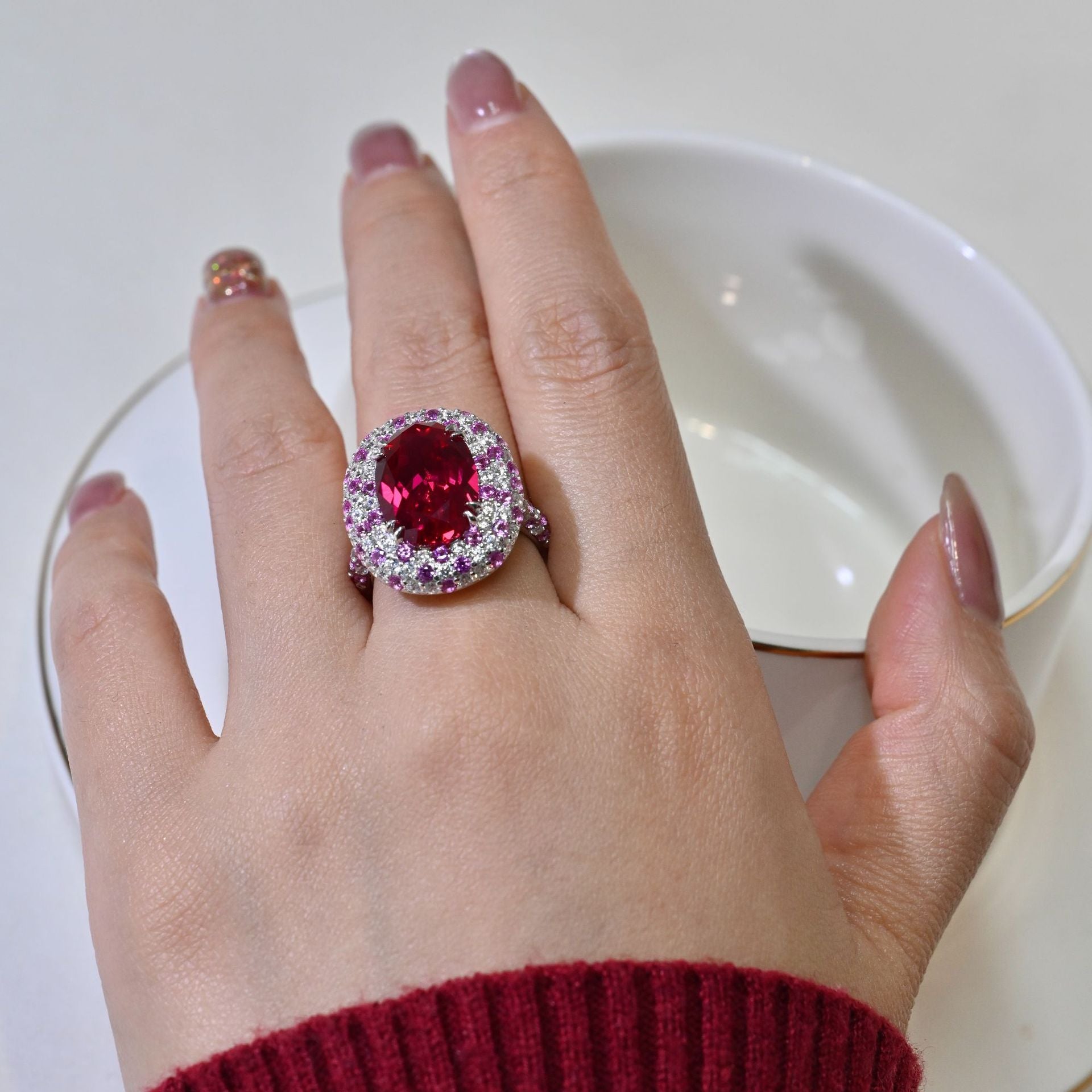 Gala Celestial Elegance 7.65ct Oval Ruby Halo Set in S925 Sterling Silver