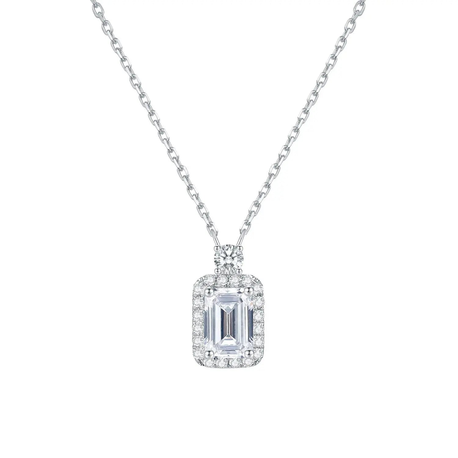 White-gold emerald-cut halo lab-grown diamond pendant on fine cable chain