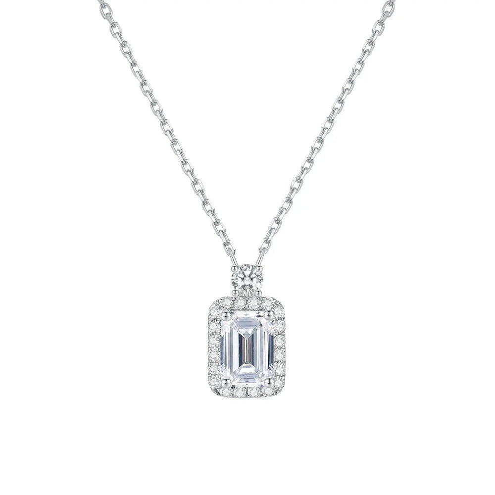 White-gold emerald-cut halo lab-grown diamond pendant on fine cable chain