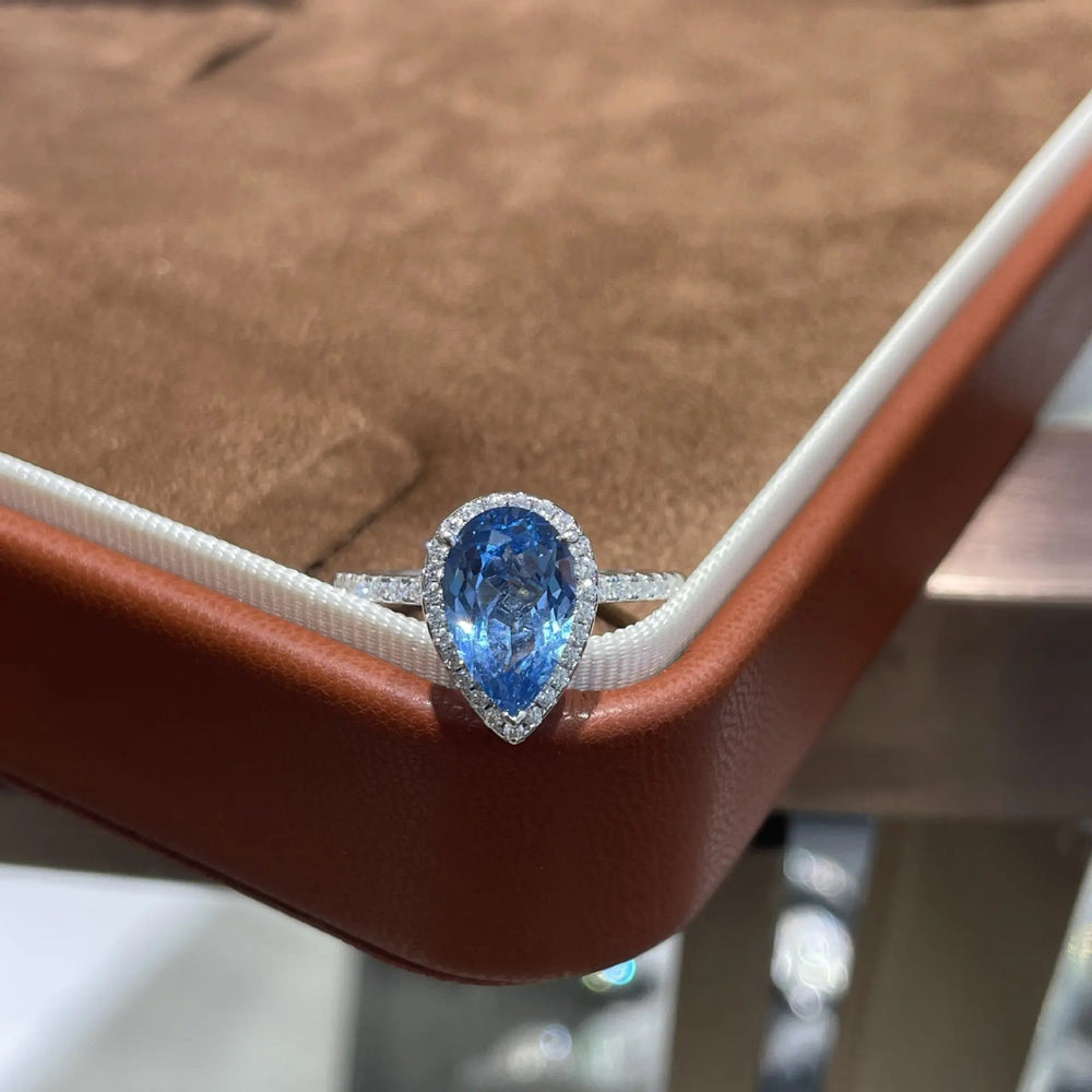 ab-Created Blue Sapphire Teardrop Halo Ring â€?Pear Cut Simulated Gemstone Engagement Ring in Sterling Silver Pearl Unique
